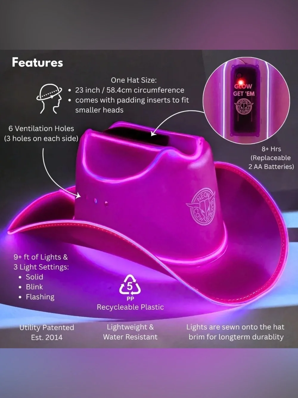 Neon Cowboys Light-Up Pink LED Cowboy Hat